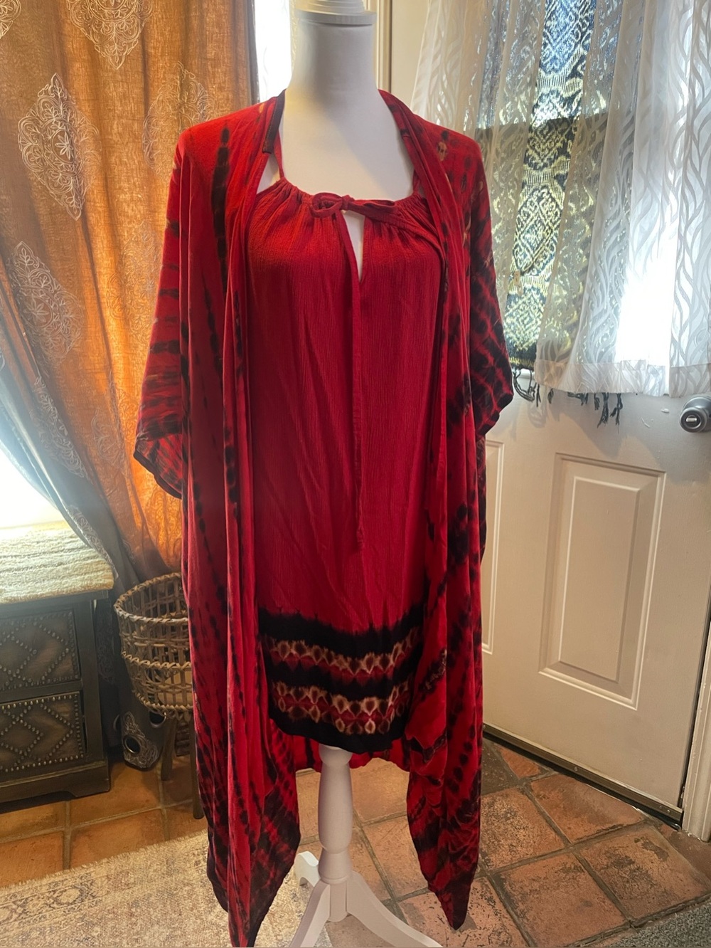 RED Boho tye-Dye Two-Piece Set by StylePark1 Bali dress with kimono lounge